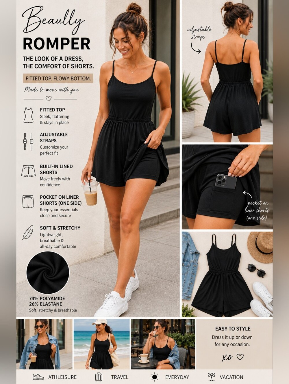 Beaully Black Romper Dress Look Built-In Liner Shorts Pocket Adjustable Straps